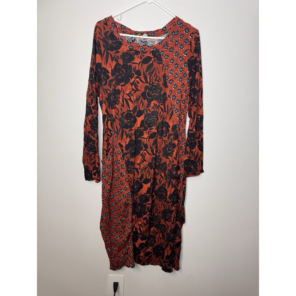 LIV Habitat Brown Floral Slub Knit Dress L Lantern Lagenlook Midi Cotton Blend